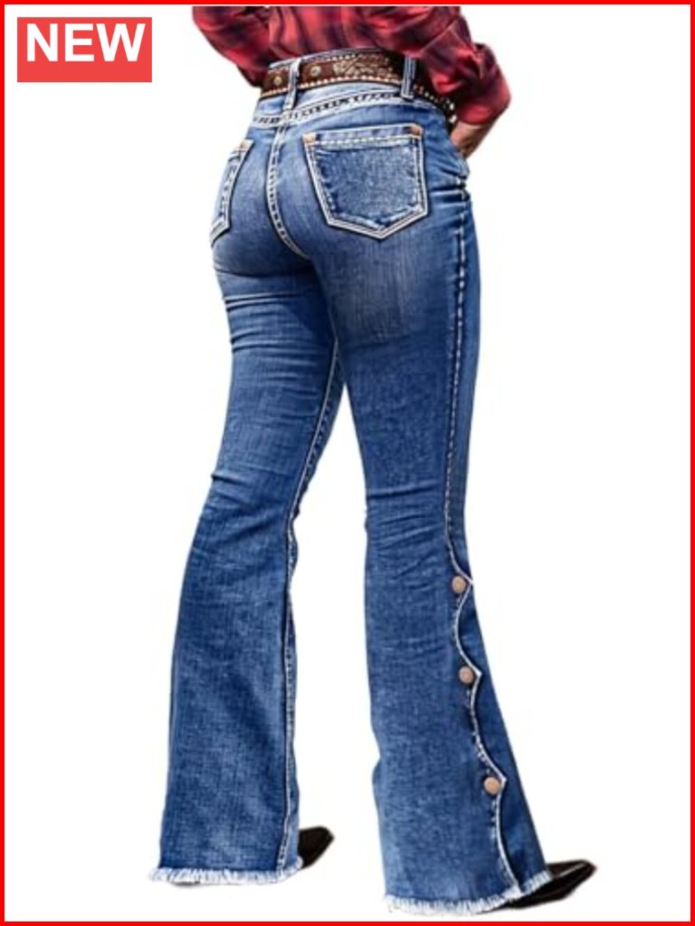 Women's Bootcut Jeans Buttoned Hem High Stretch Flare Leg Denim Pants